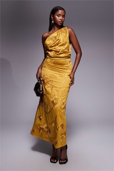 Платье средней длины с вышитым драпированным перекрывающим плечо артикул 150235229