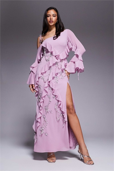 Макси-платье с воланами с необработанными краями и асимметричными рукавами артикул 150005554