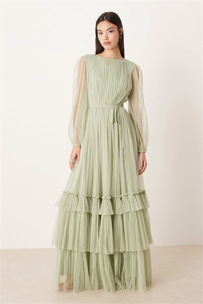 Макси-платье с круглым вырезом, прозрачными рукавами и многослойным силуэтом для подружки невесты артикул 152319622