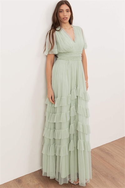 Макси-платье из тюля с V-образным вырезом и оборками артикул 155427328