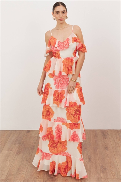 Макси-платье с открытыми плечами и многослойным кроем в цветочный принт артикул 154965921