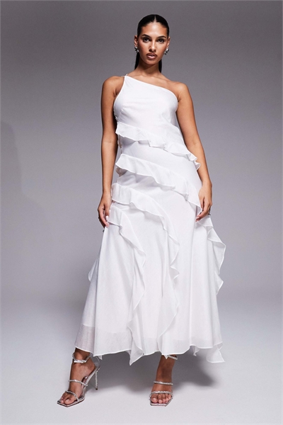 Свадебное макси-платье из шифона с одним плечом и оборками артикул 153251590