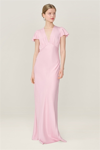 Платье из атласа длиной до пола с короткими рукавами артикул 155950751