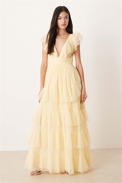 Макси-платье из тюля с воланами, многослойными оборками и рукавами-крылышками артикул 152319626