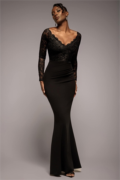 Макси-платье с длинными рукавами, лифом из кружева с волнистым краем и открытыми плечами артикул 153167494