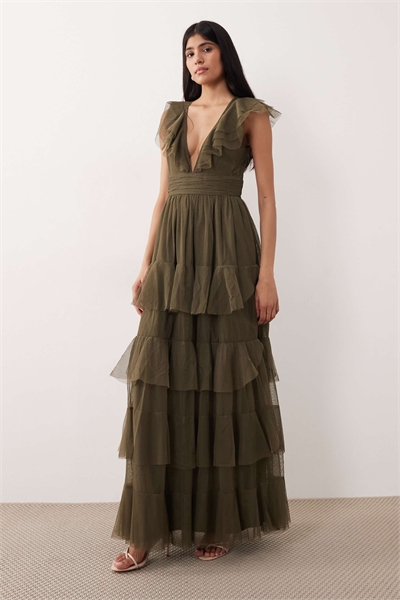 Макси-платье из тюля с воланами, многослойными оборками и рукавами-крылышками артикул 152319604