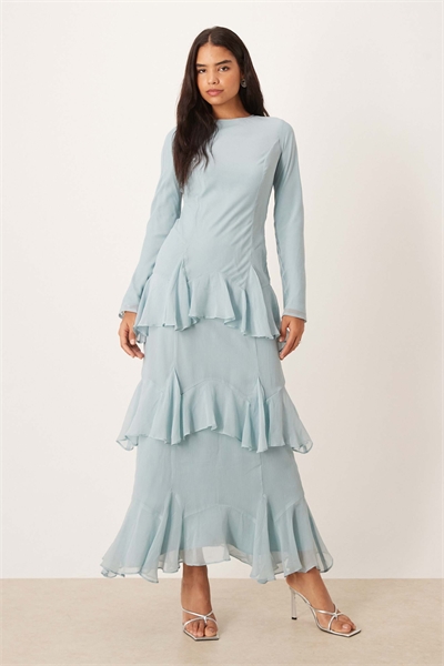 Макси-платье из шифона с длинными рукавами и оборками артикул 151021357