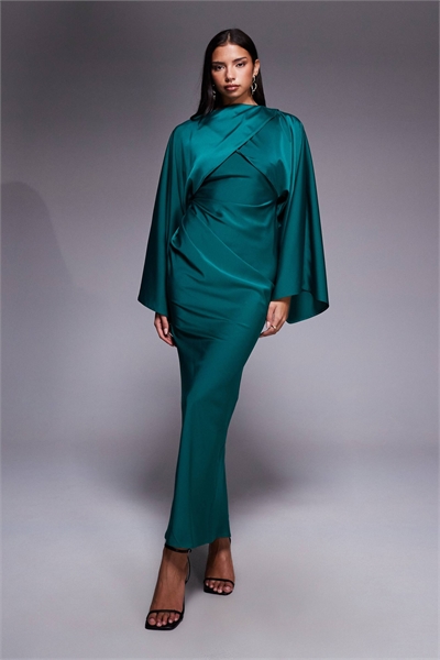 Макси-платье с косым кроем из атласа с «крыльями» спереди артикул 152560940