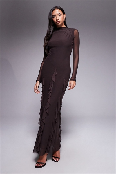 Макси-платье из сетчатого материала с длинными рукавами и юбкой с воланами в стиле «водопад» артикул 151451281