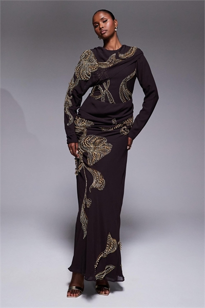 Макси-платье с драпировкой на плечах и украшенными складками артикул 148409048