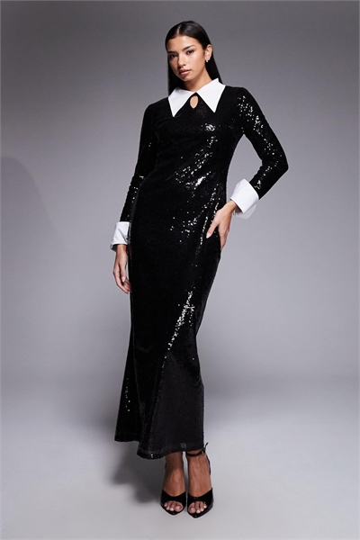 Макси-платье с воротником, украшенным пайетками артикул 153577482