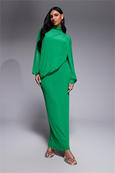 Платье-макси с высоким воротником, скромной сетчатой отделкой, перекрещивающимся лифом и драпированными рукавами-блузонами артикул 155092660