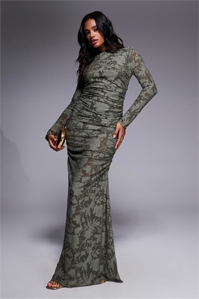 Макси-платье с длинными рукавами и рюшами из деворе артикул 150344159