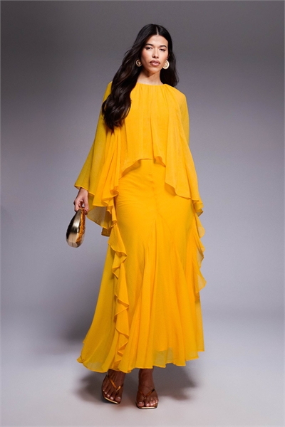 Макси-платье из шифона с трапециевидным перекрытием и оборками артикул 143586317