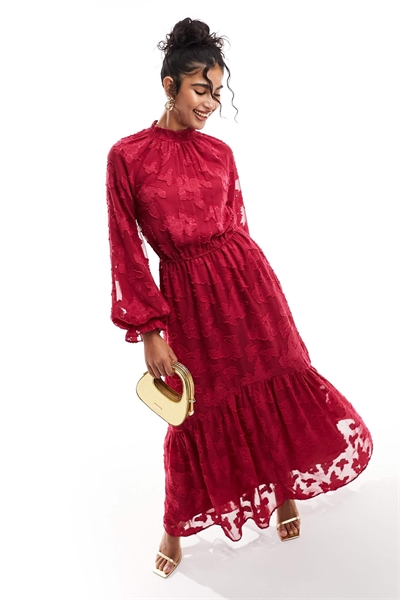 Макси-платье с высоким воротником и широкими рукавами из жаккарда артикул 132878183