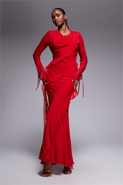 Макси-платье из шифона с высоким воротником-капюшоном и оборками артикул 153748816