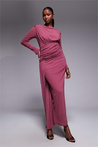 Макси-платье с длинными рукавами и асимметричным драпированием артикул 154630806