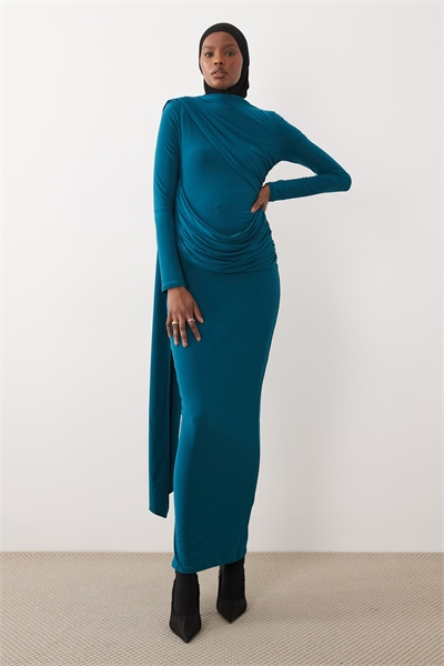 Макси-платье с длинными рукавами и плавными драпировками артикул 151965150