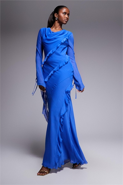 Макси-платье из шифона с высоким воротником-капюшоном и оборками артикул 153748814