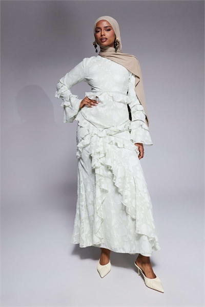 Макси-платье с длинными рукавами и жакардовыми оборками артикул 141102103