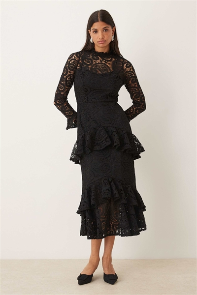 Платье-миди с высоким воротником, длинными рукавами и кружевом артикул 149932251