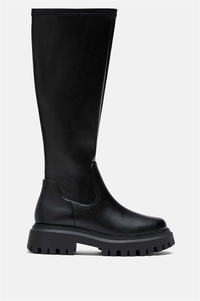 Плоские ботинки до колен черного цвета артикул 152384499