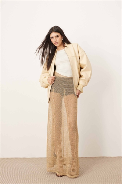 Прозрачная макси-юбка из металлизированного трикотажа с широким кроем артикул 140310176