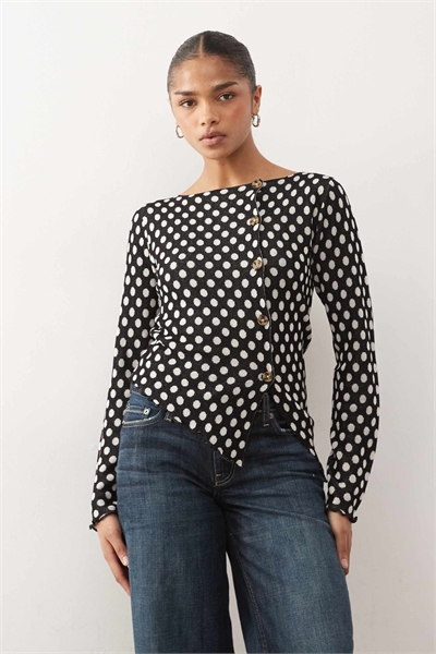 Вязаный кардиган с асимметричным вырезом и узором в горошек артикул 149785729