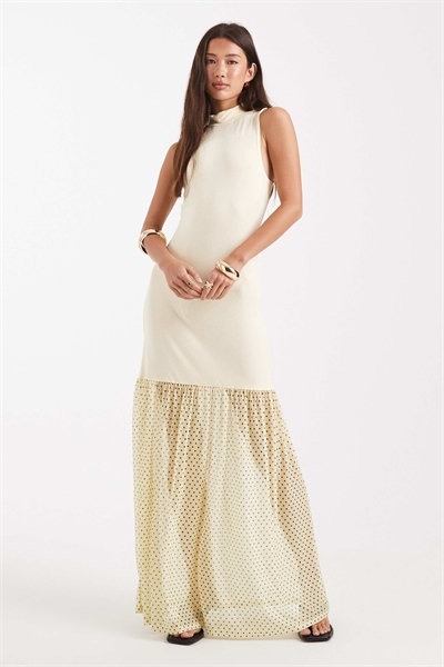 Гибридное макси-платье с высоким воротником артикул 150975800