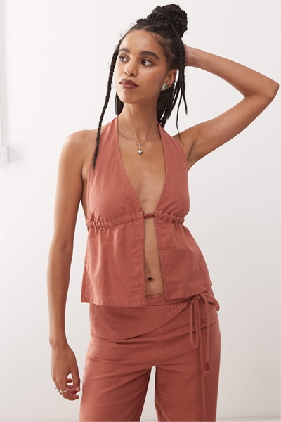 Льняной топ с завязками на шее и украшением из бусин Syrma артикул 144073246