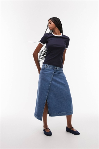 Джинсовая юбка-миди с запахом артикул 143080398