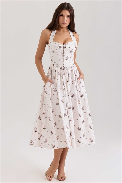 Платье-миди с завязками на шее из эластичного хлопка Emilia с кремовым цветочным принтом артикул 148613792