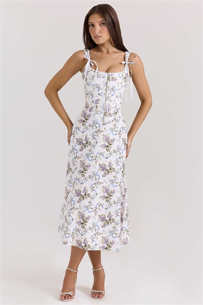 Хлопковое платье средней длины Dionne с цветочным принтом, цвет: слоновая кость артикул 147861500