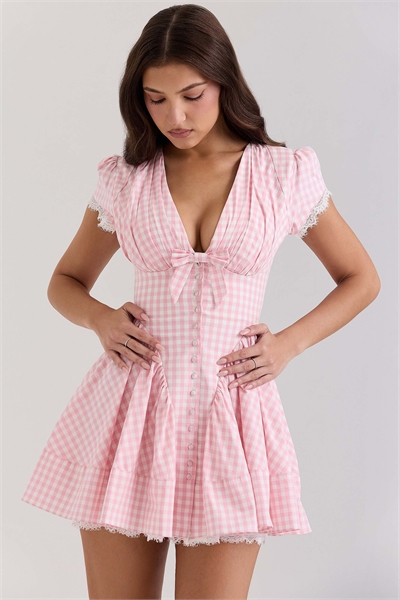 Хлопковое мини-платье Emiliana в розовую клетку артикул 148943165