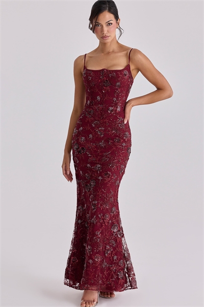 Длинное платье-корсет с ручной вышивкой бисером цвета вина от Naima артикул 155774580