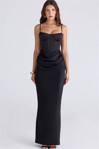 Длинное платье-корсет из черного атласа с драпировкой Valentina артикул 152326849