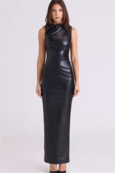 Макси-платье Maya из чёрной веганской кожи с драпировкой артикул 153687803
