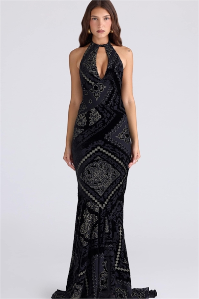 Макси-платье Oliviana из деворе-бархата черного и золотого цветов артикул 152799633