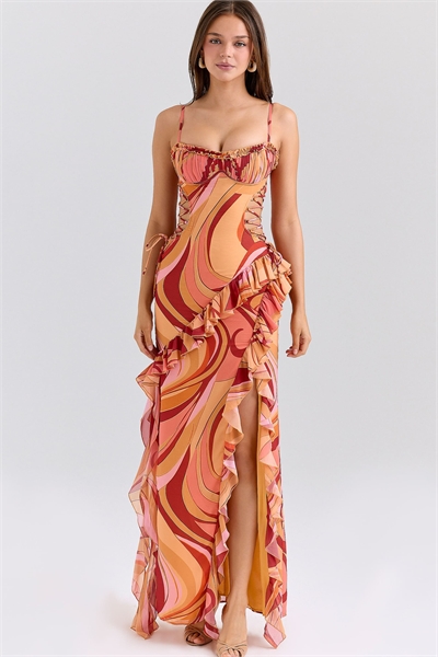 Макси-платье Lumira с воланами, принтом «закатный вихрь» и вырезами артикул 151056117