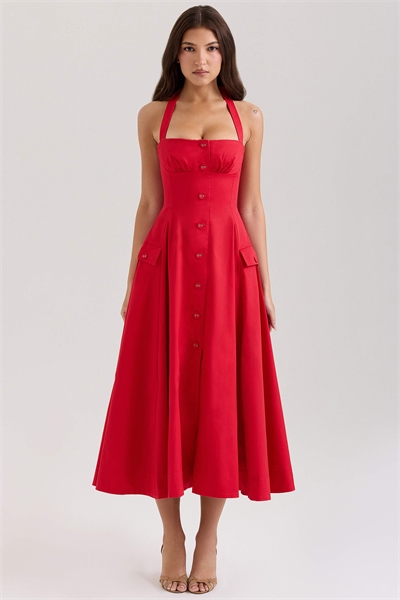 Платье средней длины из эластичного хлопка с завязками на шее и пуговицами от Claudia артикул 148225432