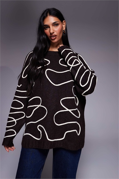 Свитер с круглым вырезом из эксклюзивной шерсти с абстрактным узором артикул 153402749