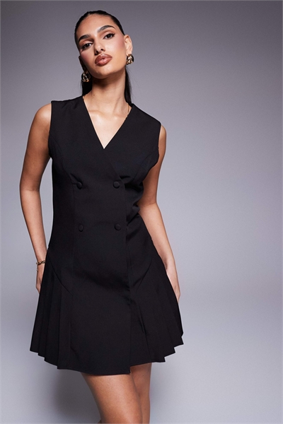 Эксклюзивное мини-платье без рукавов с застежкой на пуговицах спереди и складками по низу, сшитое на заказ артикул 140075384