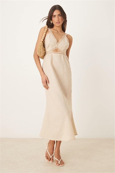 Льняное платье-миди с вырезами от Mimi артикул 143768280