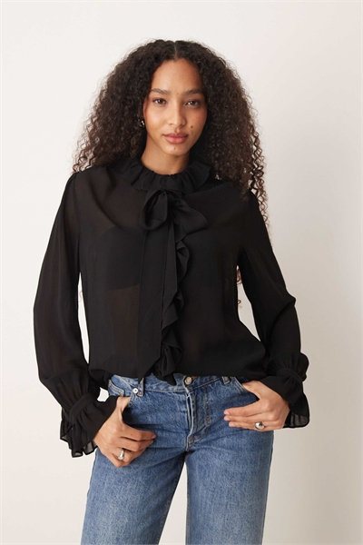 Блузка с рюшами и завязками на шее артикул 153565687