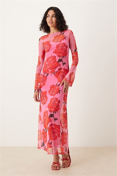 Платье средней длины с длинными рукавами из сетки розового и красного цветов артикул 148249882