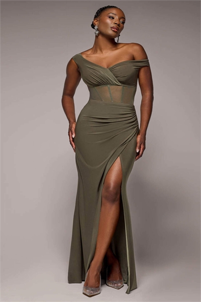 Макси-платье с открытыми плечами, корсетной талией, юбкой-парео из сетчатого материала и мягкой на ощупь тканью артикул 155449294