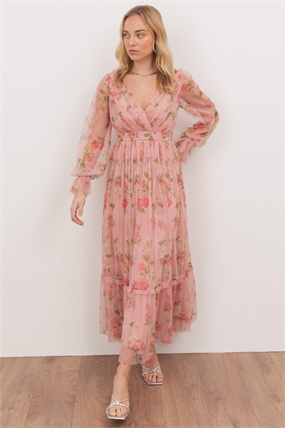 Платье средней длины с длинными рукавами и эффектом перекрещивания, с цветочным принтом артикул 154841883