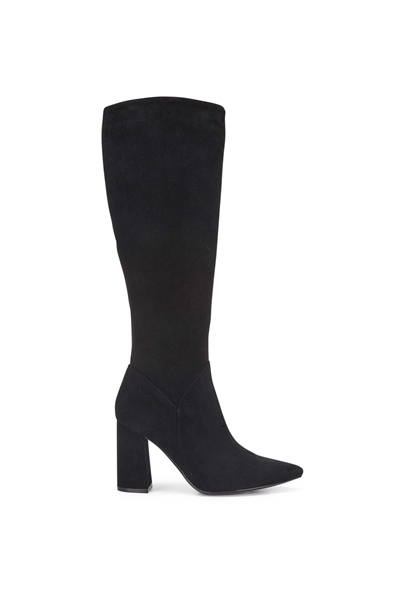 Черные сапоги до колена с заостренным носком и каблуком-блок артикул 151942425
