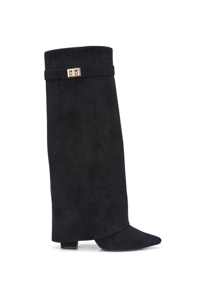 Ботинки на среднем каблуке с металлической пряжкой и застежкой-молнией, черного цвета артикул 151942437