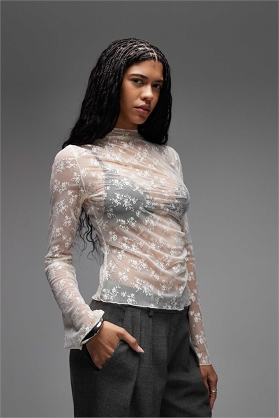 Топ с длинными рукавами и кружевом, с драпировкой на талии артикул 155250803